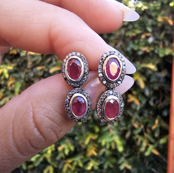 Natural ruby and Diamond Halo Drop Earrings 925 - Picture 3 of 5